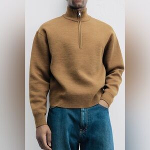 Zara 100% Cotton Half Zip Collar Heavy Knit Camel Sweater Medium Casual Fall